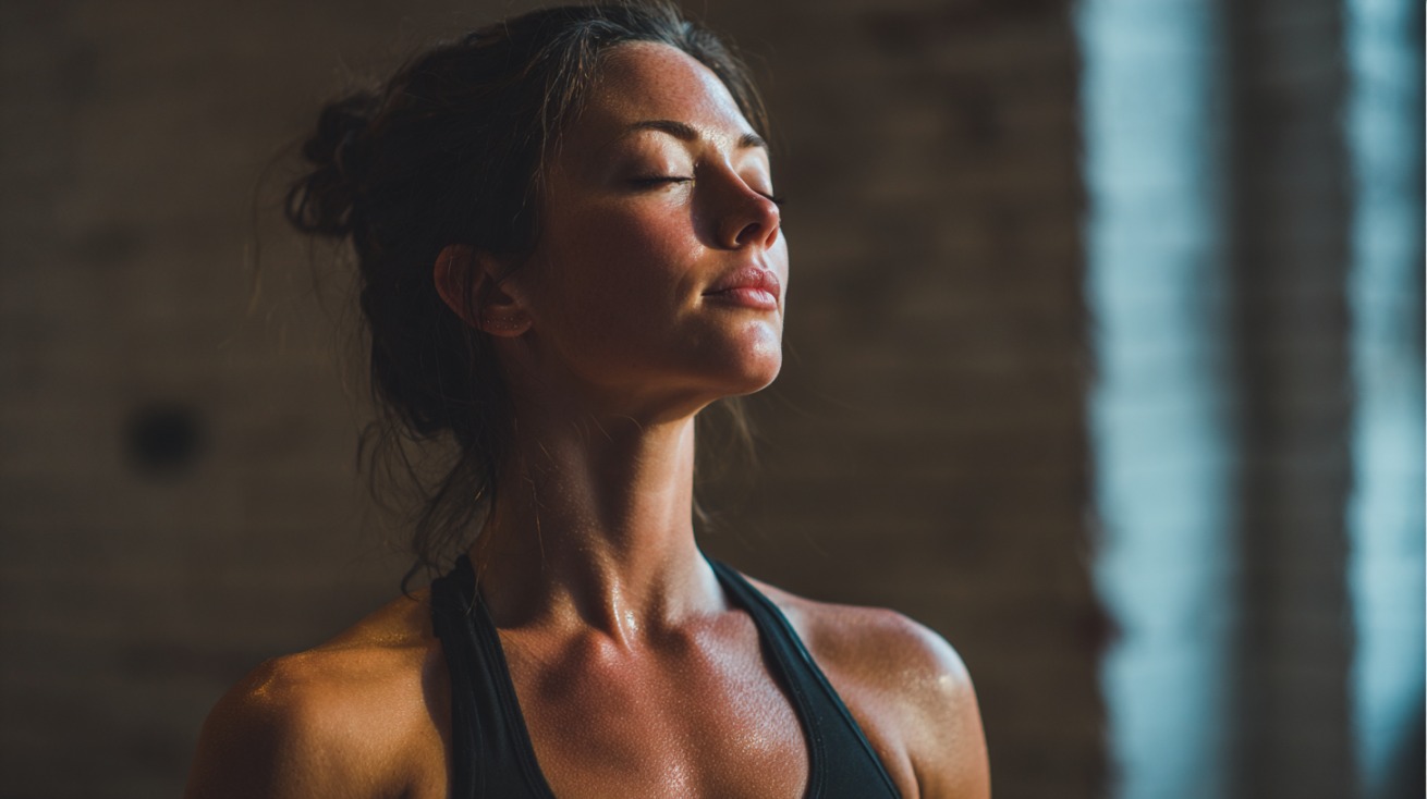 Žena u sportskoj opremi sa zatvorenim očima fokusirano diše nakon vežbanja, u prostoriji sa toplim osvetljenjem