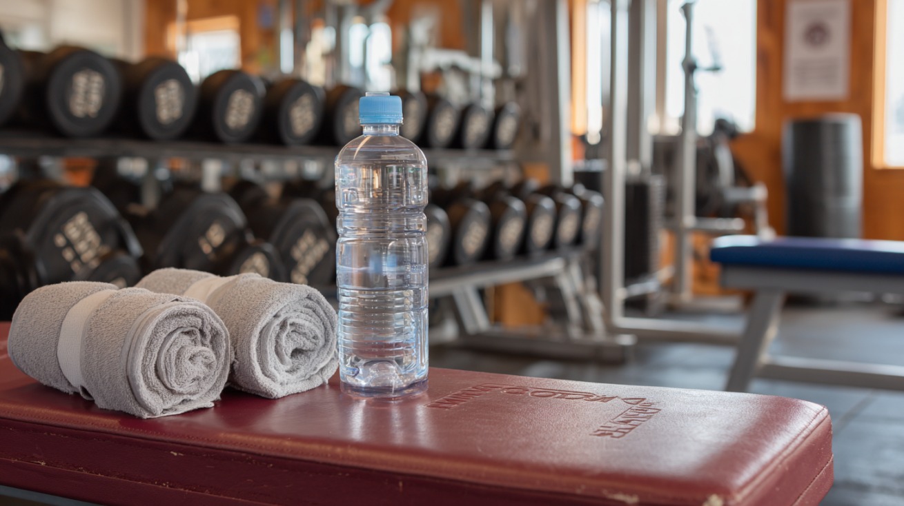 Boca vode i peškiri na klupi u teretani, u pozadini tegovi i oprema za vežbanje