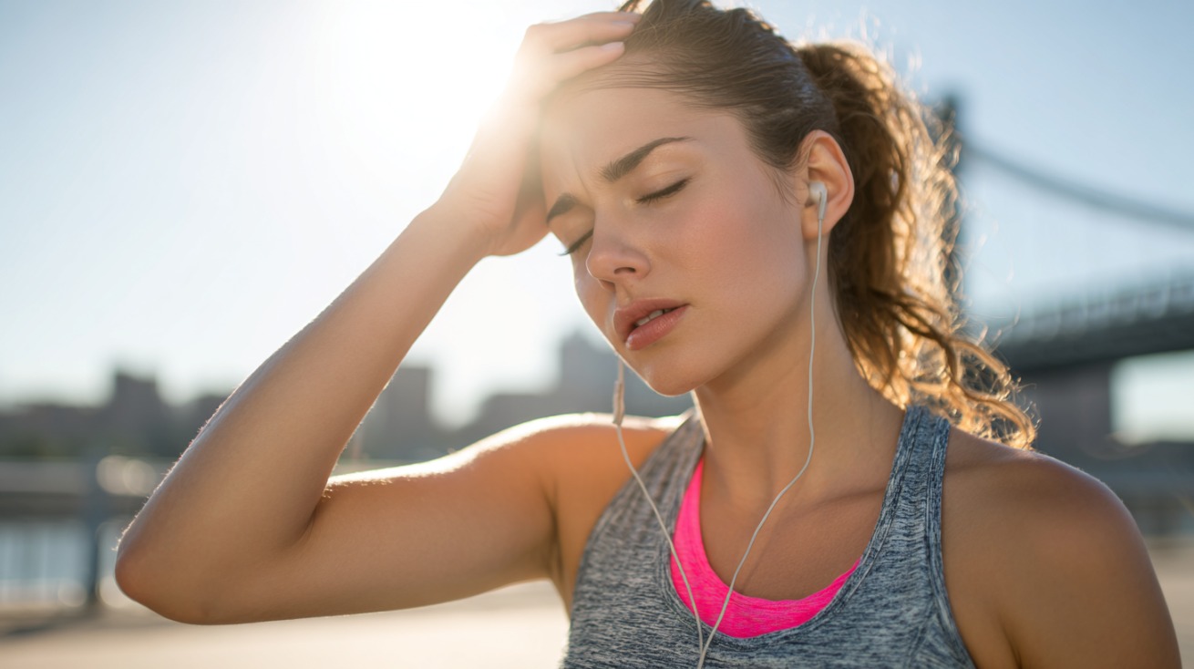 Žena u sportskoj opremi na otvorenom drži ruku na čelu, zatvorenih očiju, deluje iscrpljeno i napeto dok sunce sija iza nje
