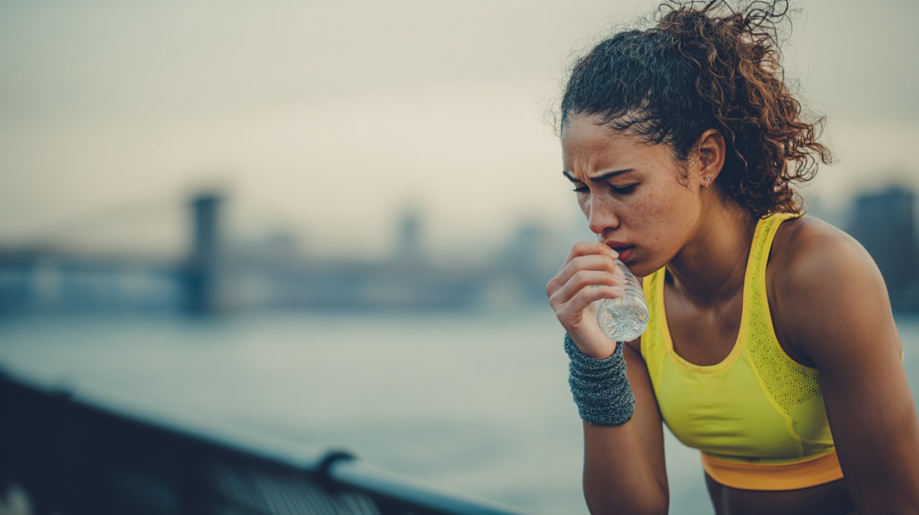 Žena u žutoj sportskoj opremi, iscrpljena i znojna, sedi pored reke držeći flašicu vode i deluje kao da joj je muka nakon vežbanja