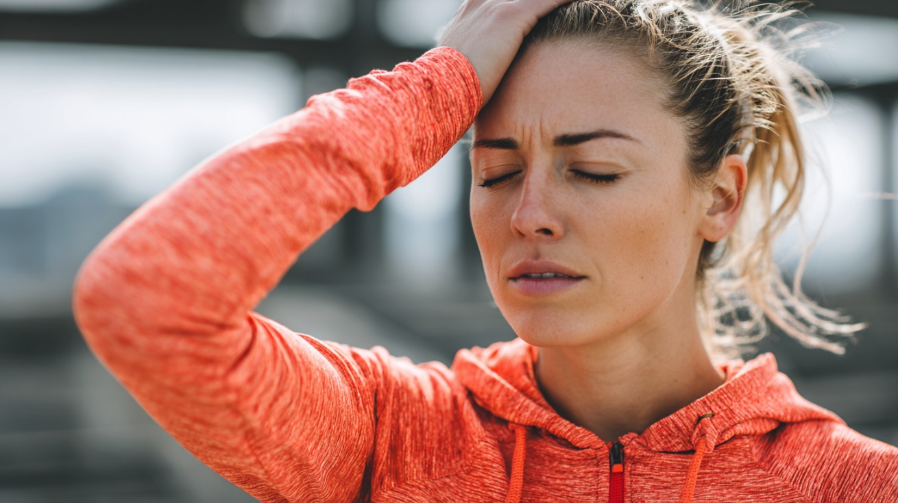 Žena u sportskoj opremi drži se za glavu i izgleda kao da oseća vrtoglavicu tokom treninga na otvorenom