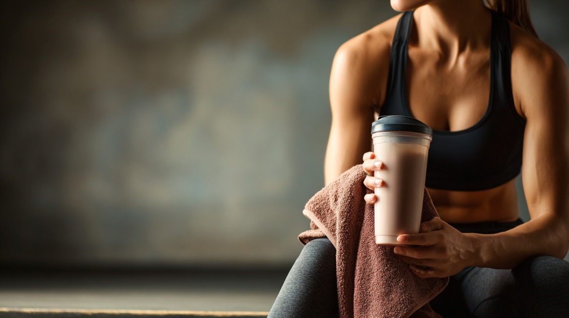 Žena u sportskoj odeći sedi posle treninga, drži proteinski šejk i peškir u rukama, u opuštenoj posttrening pozi