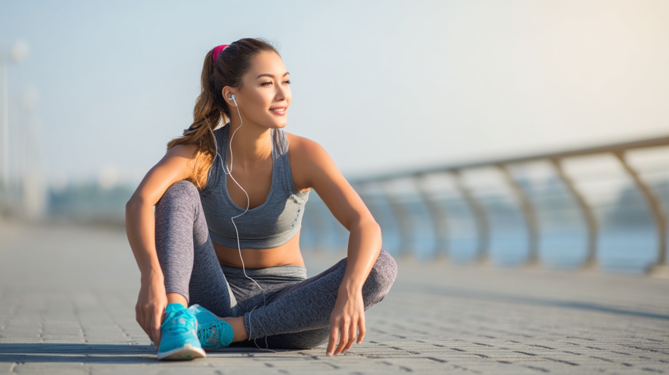 Žena u sportskoj opremi sedi na pločniku pored ograde uz more, nasmejana i opuštena, sa slušalicama u ušima nakon treninga.