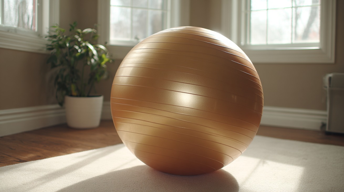 Zlatna fitness lopta postavljena u dnevnoj sobi pored saksije s biljkom, osvetljena prirodnim svetlom kroz prozor