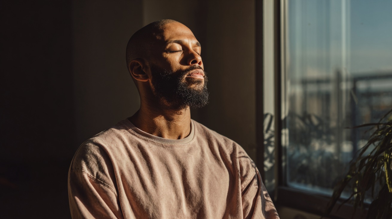 Muškarac sedi pored prozora, zatvorenih očiju i duboko diše, uživajući u sunčevoj svetlosti i opuštanju