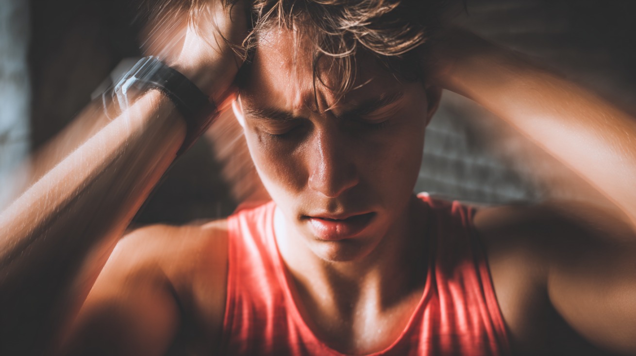 Mladić u sportskoj majici drži se za glavu sa zatvorenim očima, deluje iscrpljeno i dezorijentisano tokom treninga, uz efekat zamućenog pokreta