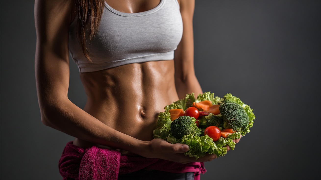 Žena u sportskoj odeći drži činiju sa zdravom hranom — brokoli, paradajz, šargarepa i zelena salata
