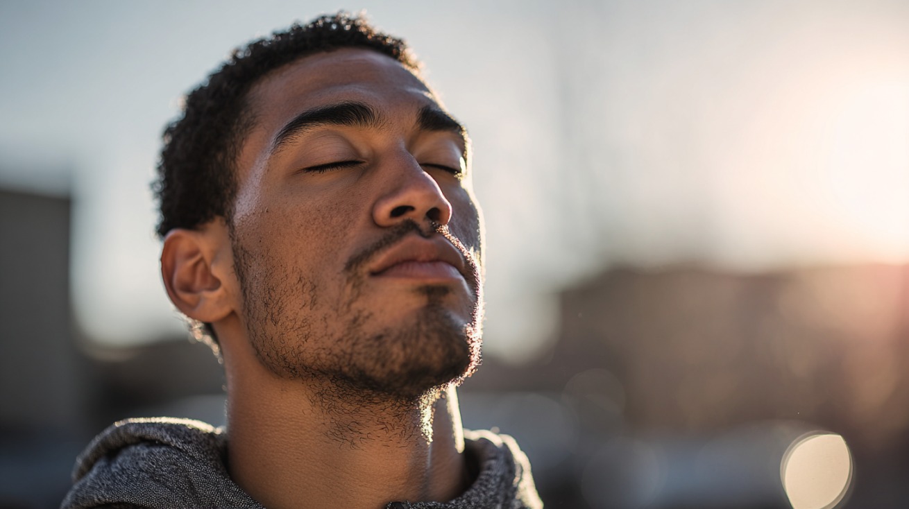 Muškarac sa zatvorenim očima duboko diše na otvorenom, fokusiran na tehniku disanja tokom kardio treninga