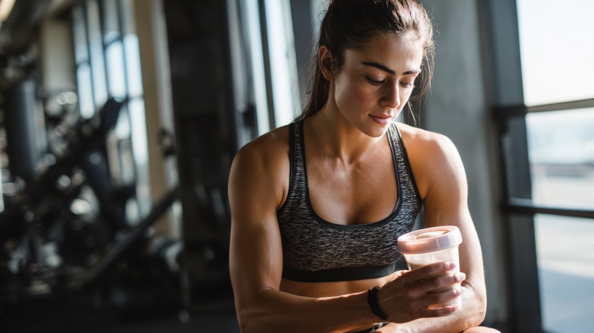 Žena u sportskoj odeći sedi u teretani i drži proteinski šejk u ruci, posle treninga, dok odmara i razmišlja