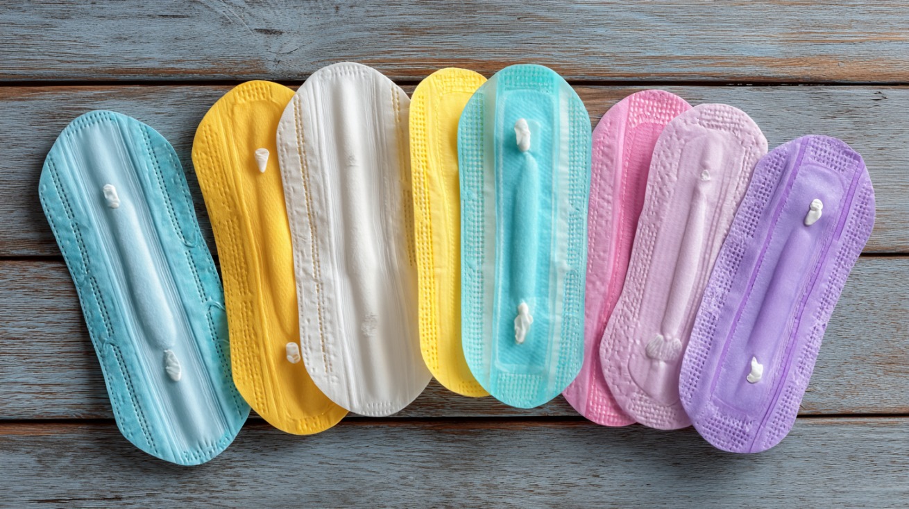 Više higijenskih uložaka različitih boja poređano na drvenoj površini, simbolizuju menstrualni ciklus i brigu o ženskom zdravlju