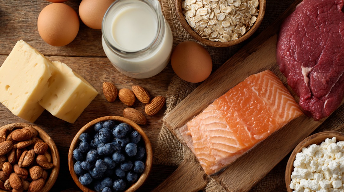 Rasporedjene namirnice bogate proteinima na drvenom stolu: file lososa, crveno meso, jaja, mleko u flaši, kocke žutog sira, skuta/sveži sir, bademi, ovsene pahuljice i činija borovnica