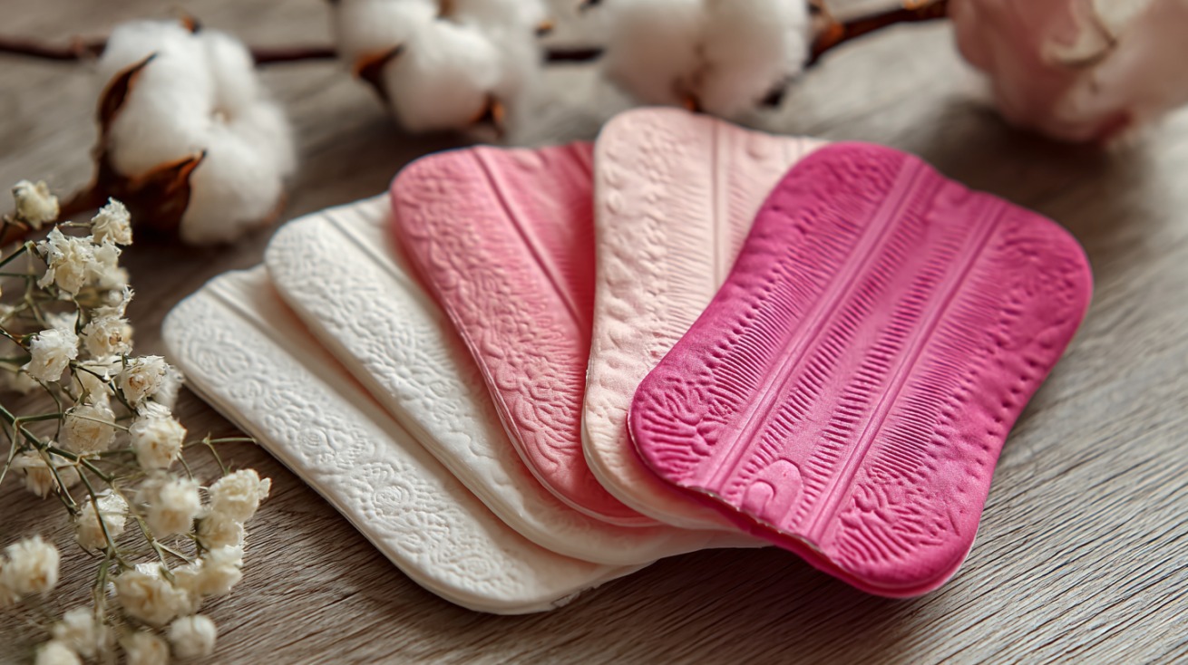 Higijenski ulošci u nijansama roze i bele boje poređani na drvenoj površini, okruženi grančicama pamuka i cveća