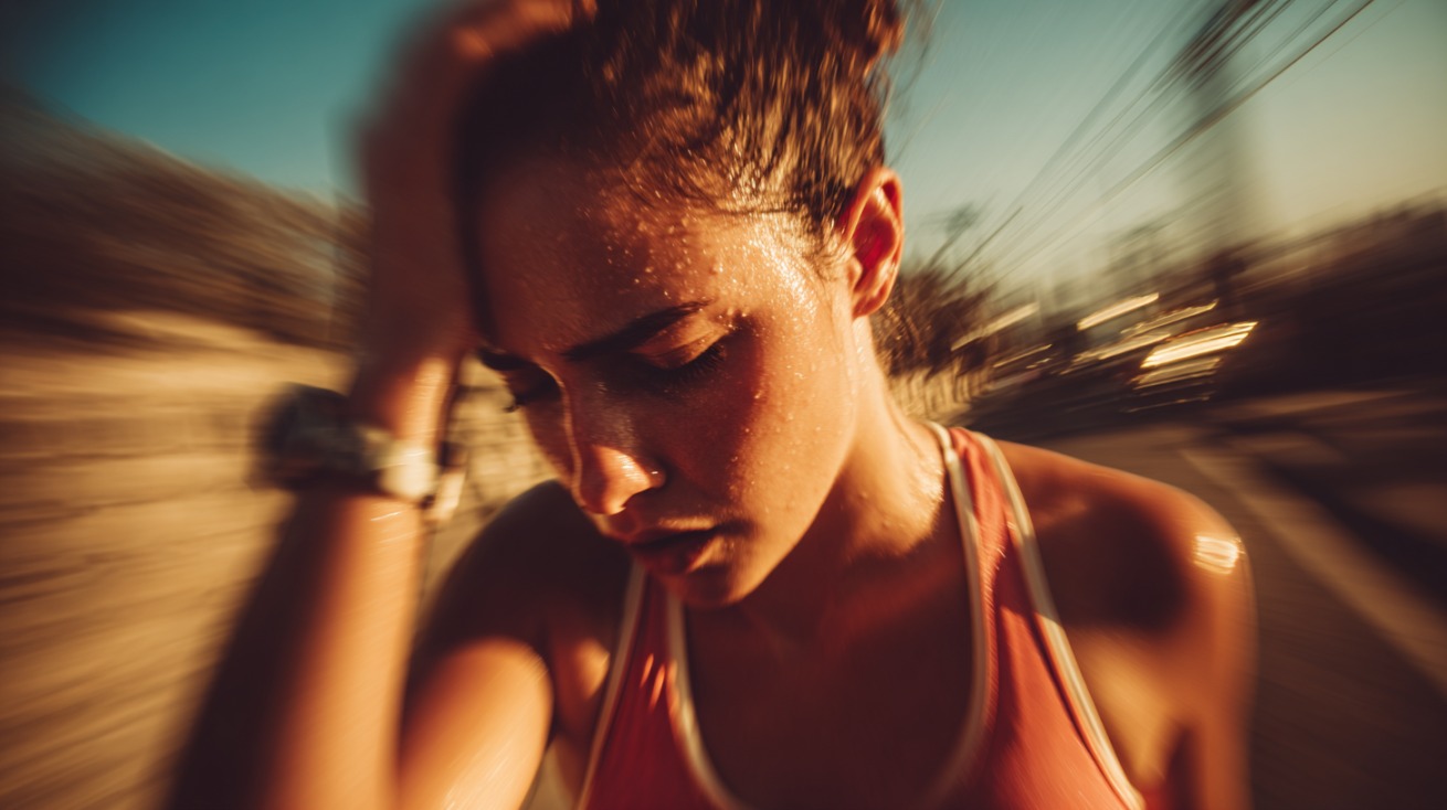 Žena u sportskoj opremi znojna i iscrpljena, drži se za glavu tokom trčanja, uz zamućen efekat koji prikazuje osećaj vrtoglavice