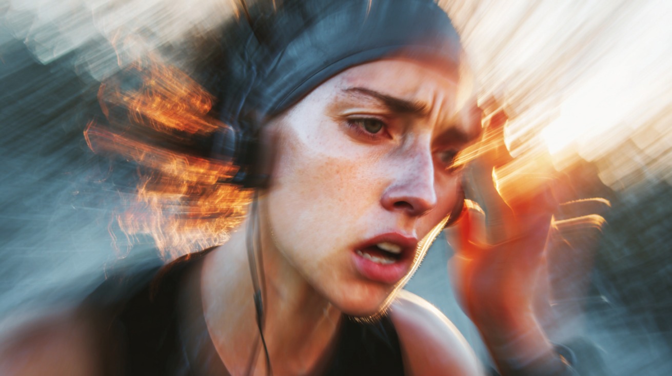 Sportistkinja u pokretu izgleda dezorijentisano i drži se za glavu, uz efekat zamućenog pokreta koji prikazuje vrtoglavicu tokom fizičke aktivnosti