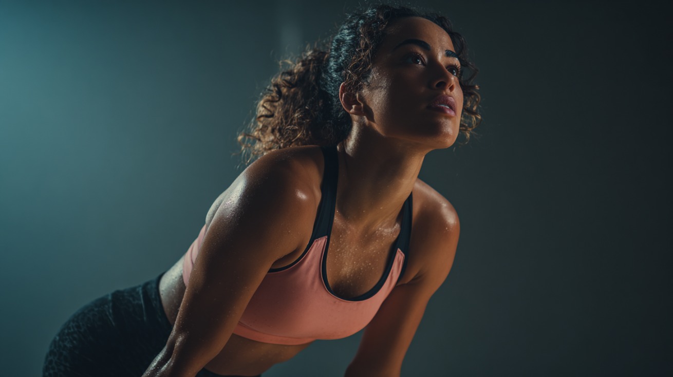 Žena u sportskoj opremi, oznojena i fokusirana tokom vežbanja u zatvorenom prostoru, u svetlu koje ističe njen napor i snagu