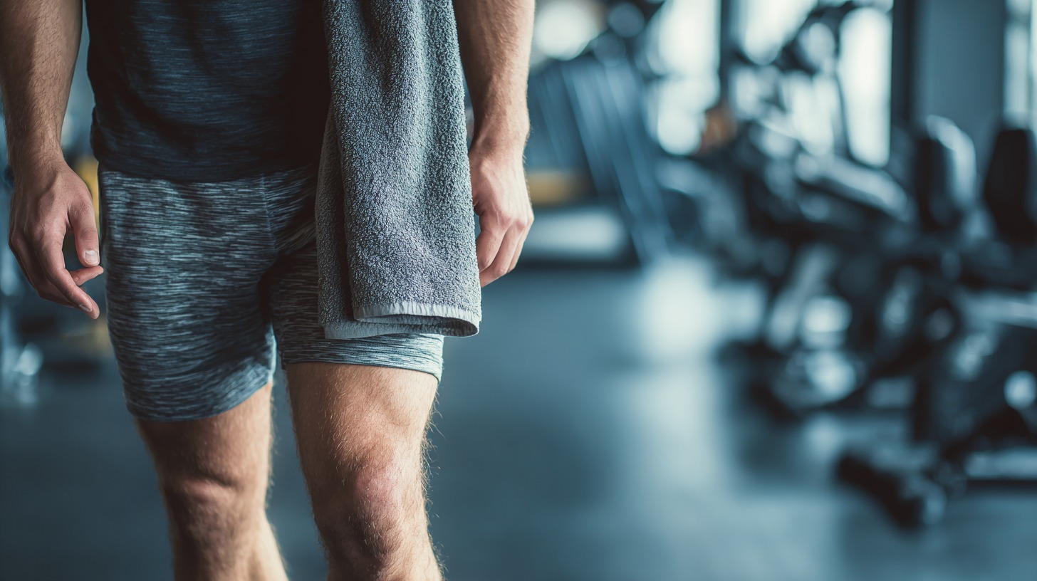 Muškarac u sportskoj odeći drži peškir u ruci nakon kardio treninga u teretani, oseća umor u nogama