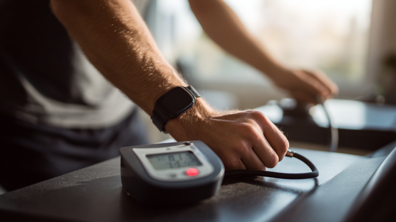 Muškarac meri krvni pritisak digitalnim aparatom nakon vežbanja, ruka mu je oslonjena na sto, u pozadini se vidi traka za trčanje