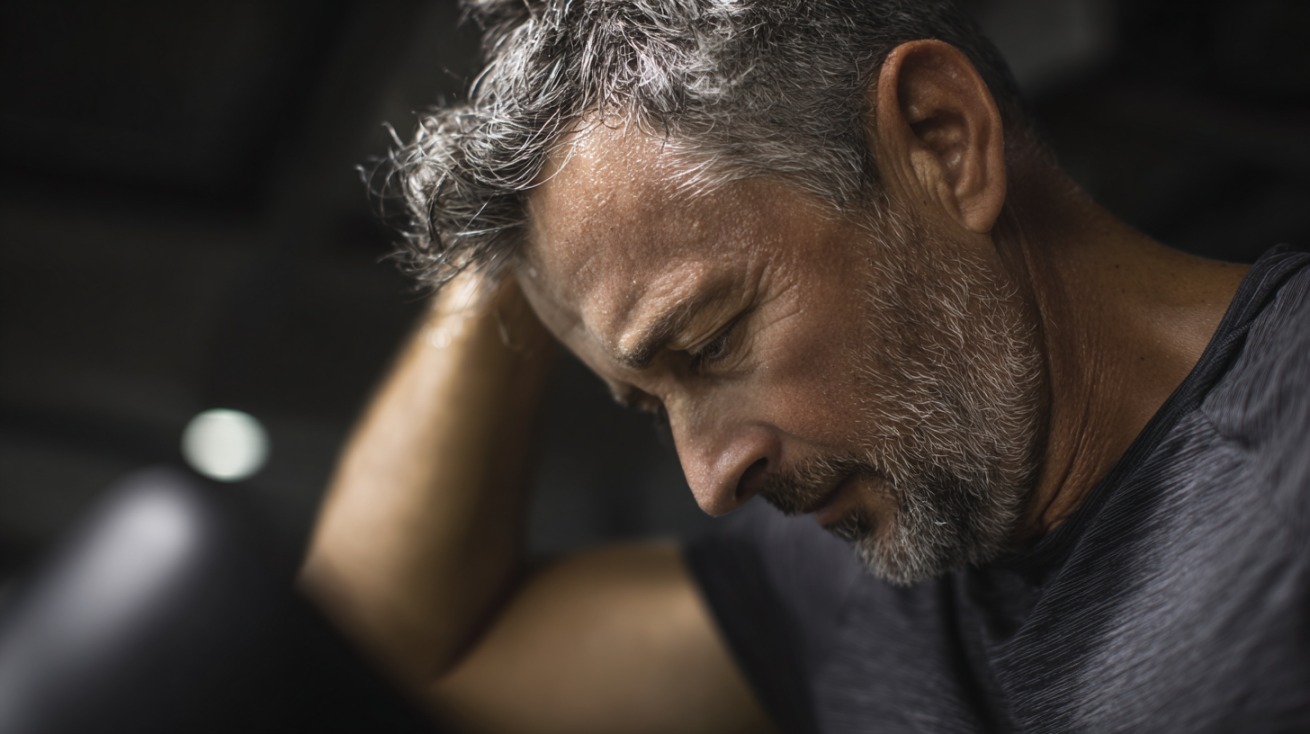 Muškarac srednjih godina u sportskoj majici, znojan i umoran, drži se za glavu tokom pauze u teretani, deluje iscrpljeno i zabrinuto