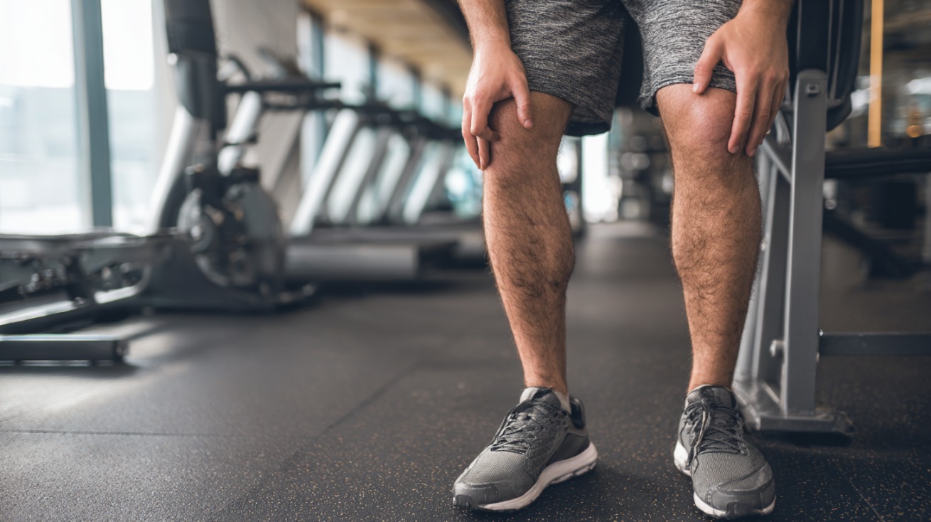 Muškarac u teretani drži se za noge, oseća umor i težinu u nogama nakon kardio treninga
