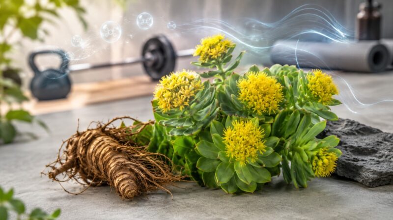 Rhodiola rosea sa korenom i cvetovima uz opremu za trening, kao prikaz njene potencijalne uloge u smanjenju umora i oporavku.